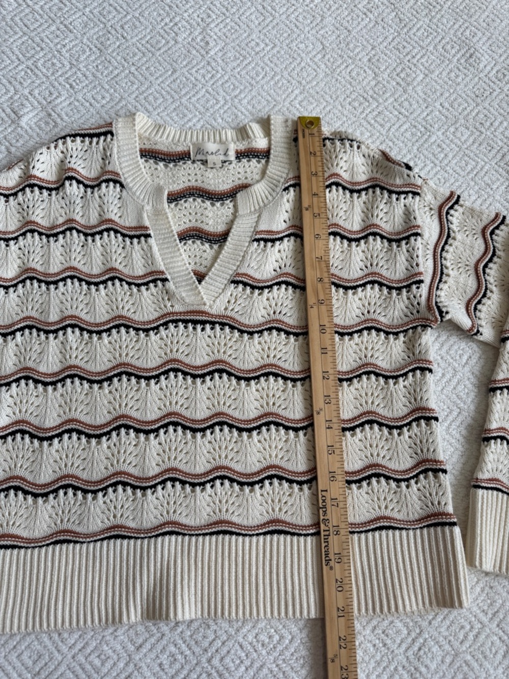 Marled Cream V-Neck Sweater with Brown and Black Stripes - Picture 4 of 7